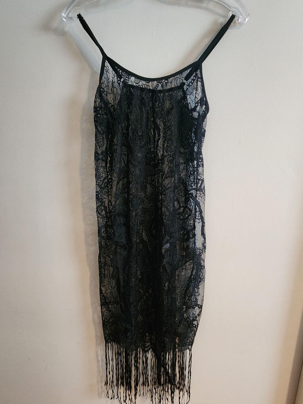 Sexy Black Lace Longerie Slip with Fringe